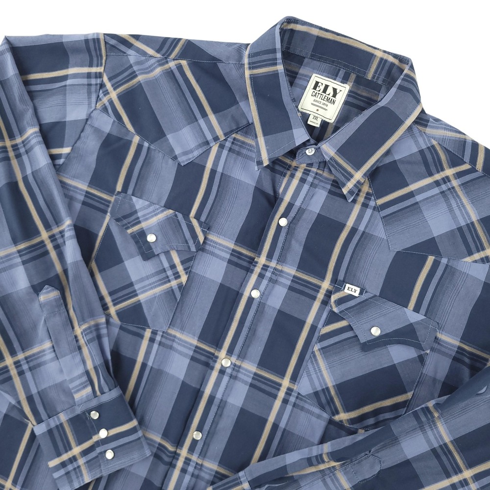 Ely Cattleman Shirt Mens 2XL Blue Plaid Long Sleeve Snap Western Cowboy
